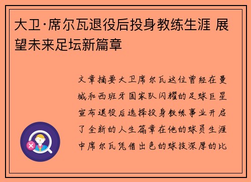 大卫·席尔瓦退役后投身教练生涯 展望未来足坛新篇章